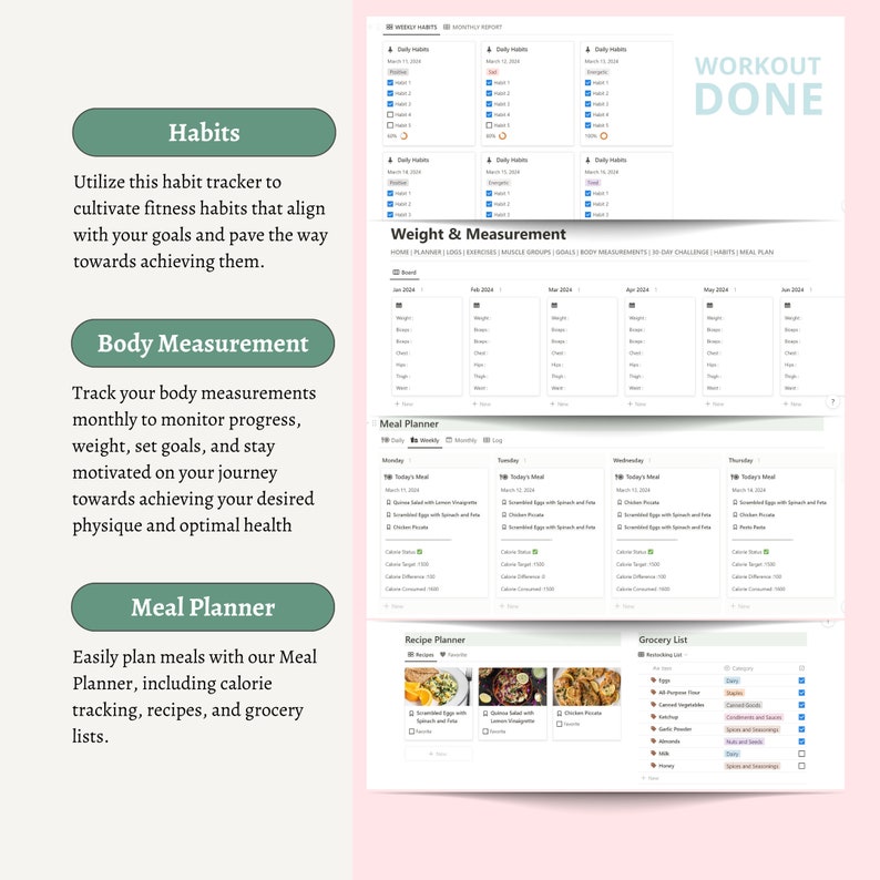 Op de afbeelding: Een roze en groene printbare workoutplanner met de woorden "Workout Done" bovenaan. De planner bevat secties voor gewoontes, lichaamsmetingen, maaltijdplanning, recepten en een boodschappenlijst.