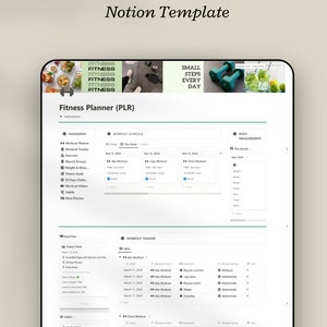 Op de afbeelding: Een screenshot van een Notion-sjabloon voor een fitnessplanner. De sjabloon bevat secties voor trainingsschema, trainingstracker, lichaamsmetingen, maaltijdplan en gewoontes. De sjabloon is ontworpen om gebruikers te helpen hun fitnessvoortgang bij te houden en gemotiveerd te blijven.