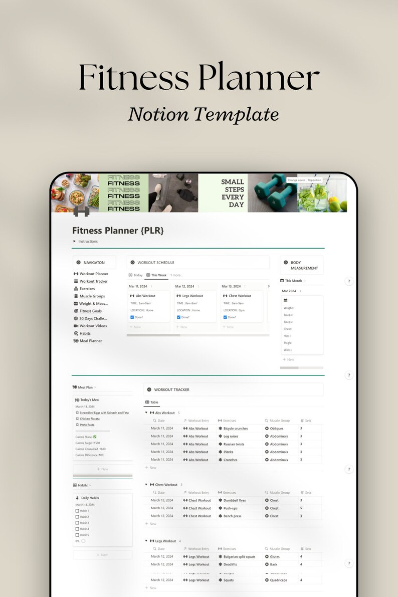 Op de afbeelding: Een screenshot van een Notion-sjabloon voor een fitnessplanner. De sjabloon bevat secties voor trainingsschema, trainingstracker, lichaamsmetingen, maaltijdplan en gewoontes. De sjabloon is ontworpen om gebruikers te helpen hun fitnessvoortgang bij te houden en gemotiveerd te blijven.