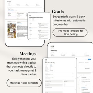 May include: A digital interface showcasing goal-setting and meeting management tools. The interface includes sections for goals, meetings, and a sales team meeting. Text includes "Goals", "Meetings", and "Pre-made template for Goal Setting".