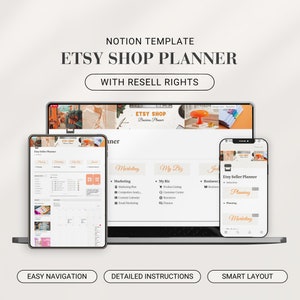 Puede incluir: Una captura de pantalla de una pantalla de computadora que muestra una plantilla de Notion para un planificador de tienda Etsy. La plantilla está diseñada para ayudar a los vendedores de Etsy a organizar su negocio, incluyendo marketing, listados de productos, atención al cliente y finanzas. La plantilla está disponible para la reventa.
