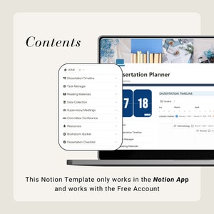 May include: A screenshot of a Notion template for dissertation planning. The template includes sections for a dissertation timeline, task manager, reading materials, data collection, supervisory meetings, committee conference, resources, brainstorm bunker, and dissertation checklist. The template also includes a calendar view with a dissertation timeline.