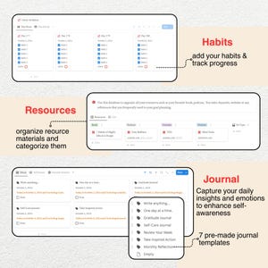 May include: A screenshot of a computer screen showing a web application for organizing habits, resources, and journaling. The application has a clean, modern design with a white background and blue accents. The text on the screen includes the words "Habits", "Resources", and "Journal".