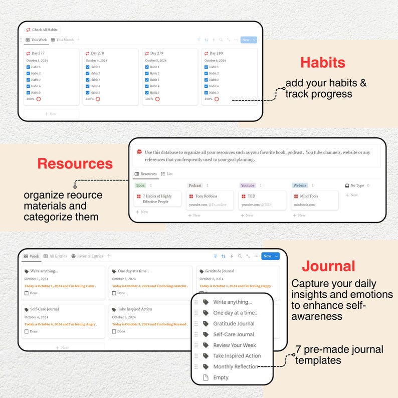 May include: A screenshot of a computer screen showing a web application for organizing habits, resources, and journaling. The application has a clean, modern design with a white background and blue accents. The text on the screen includes the words "Habits", "Resources", and "Journal".