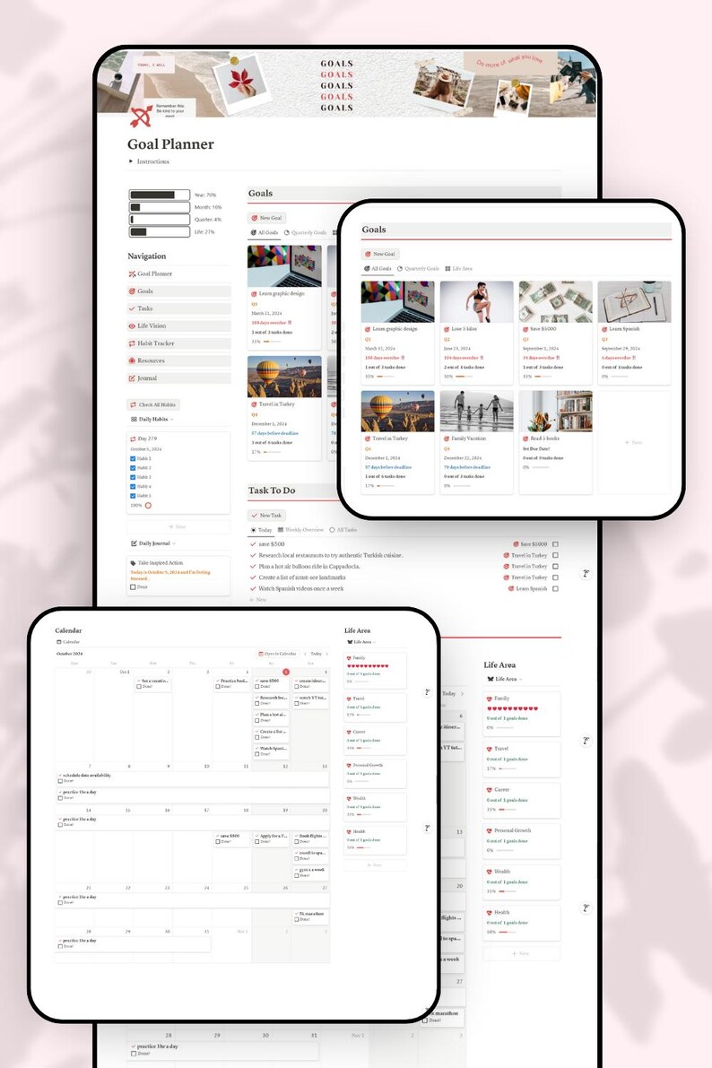 May include: A screenshot of a website with a goal planner. The website has a calendar, a list of goals, and a to-do list. The website is designed to help users track their progress towards their goals.