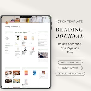 Nozione di diario di lettura PLR, modello di nozione PLR Pianificatore di lettura digitale Nozione Tracker di libri Uso commerciale Abitudini di lettura Biblioteca del club del libro