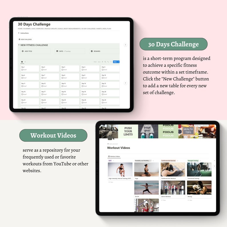 Op de afbeelding: Een screenshot van een website met een 30-daagse fitness challenge planner en een sectie voor trainingsvideo's. De challenge planner heeft een tabel met 30 dagen en een sectie om nieuwe challenges toe te voegen. De sectie met trainingsvideo's toont miniaturen van verschillende trainingsvideo's.