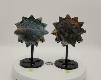 Moss Agate Crystal Sunflower, Handmade Carving