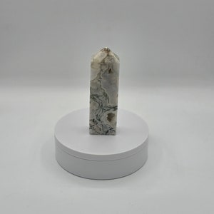 May include: A white and green agate crystal point with a pointed tip, sitting on a white circular display stand.