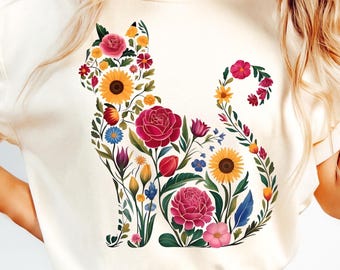 Floral Cat T-Shirt: Boho Flower Silhouette Tee, Cat Lover Gift