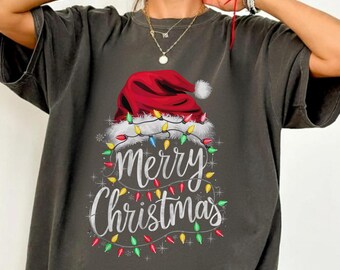 Merry Christmas Shirt with Santa Hat and Lights – Cute Holiday Graphic Tee, Xmas Party Outfit, Festive Winter Top, Christmas Gift Idea