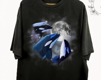 Orca Moon T-Shirt | Cosmic Killer Whale Graphic Tee | Ocean Lover Gift Shirt | Mystical Sea Life Moon Phase Top for Nature Enthusiasts Gift