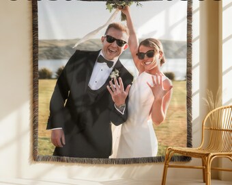 Personalized Photo Custom Tapestry Woven Cotton Throw, Wedding Anniversary Blanket, Custom Woven Throw Blanket, Personalized Couples Gift