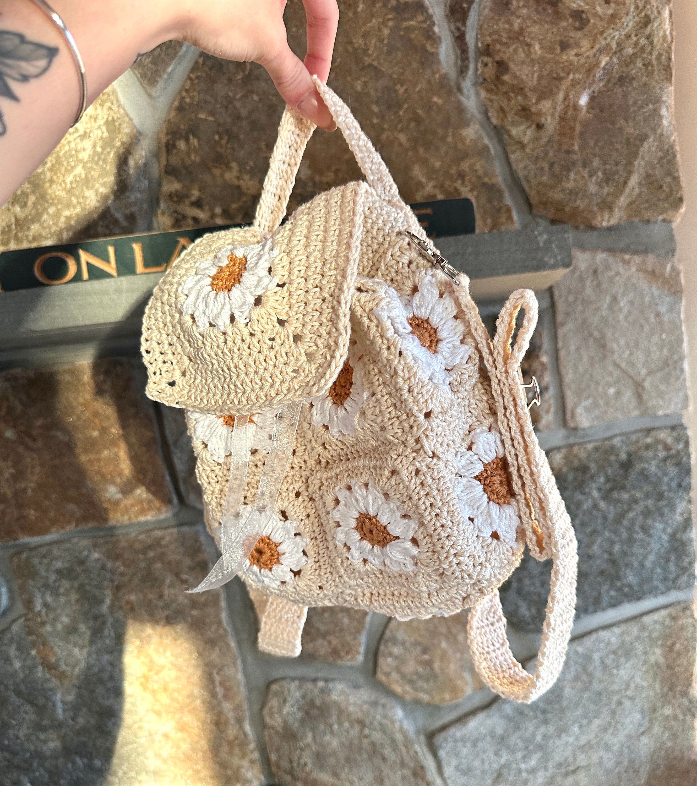 Crochet backpack Vintage Floral Applique Rosettes cream multicolor farm boho Patterns I used are: “Patch Backpack” by Kristi Simpson on  main image 4