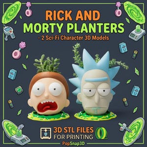 Puede incluir: Dos macetas impresas en 3D con forma de cabezas de personajes de Rick y Morty, con plantas suculentas verdes. El texto dice RICK AND MORTY PLANTERS, 2 Sci-Fi Character 3D Models, 3D STL FILES FOR PRINTING y PopSnap3D, rodeado de iconos de portales y gadgets.