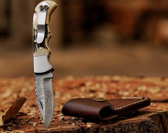 Damascus Steel Folding Knife with Camel Bone & Stag Horn Handle, Full Grain Leather Sheath – Perfect Collectors, Gifts, Outdoor Enthusiasts