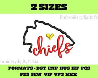 May include: A digital embroidery design featuring the word "Chiefs" in red script, with a yellow heart and a black outline of a shape. The text "2 SIZES" is at the top. The design includes various file formats.