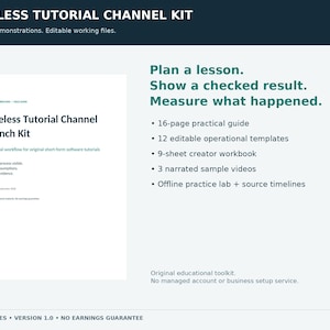 May include: A digital Faceless Tutorial Channel Kit featuring a 16-page practical guide, 12 editable operational templates, a 9-sheet creator workbook, 3 narrated sample videos, and an offline practice lab with source timelines for software tutorials.