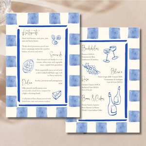 Menu, Dîner, Mariage européen, Italie, Ambiance méditerranéenne, Dessiné à la main, Minimal, Inspiré de la plage de la côte italienne de l'été