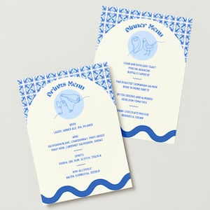 May include: Two menu cards with a blue and white design. The "Drinks Menu" and "Dinner Menu" are displayed. The menus list drink and food options. The design includes a blue wave pattern and a blue tile pattern.