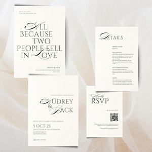 Lot de modèles de faire-part de mariage minimaliste, suite sur invitation moderne, ensemble de détails imprimables élégants, carte RSVP en ligne, téléchargement immédiat, Canva