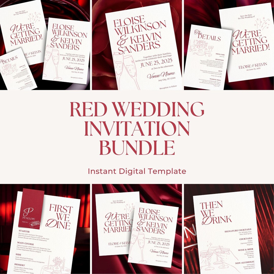 Red Wedding Invitation Template Bundle, Modern Invite Suite, Fully ...