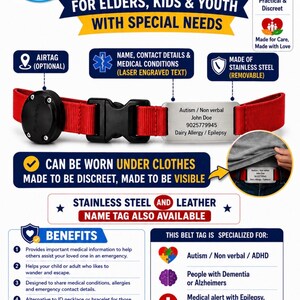 May include: A red belt featuring a black plastic buckle, a circular black AirTag holder, and a rectangular stainless steel medical ID tag engraved with the text Autism, Non verbal, John Doe, 9025779945, Dairy Allergy, and Epilepsy.
