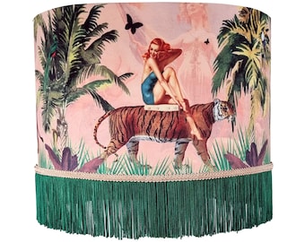Pink Fringed Jungle Lampshade, Tiger home decor, tassel lamp shade, pink velvet lampshades, unique lampshades, fringed light