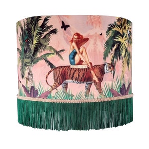 Pink Fringed Jungle Lampshade, Tiger home decor, tassel lamp shade, pink velvet lampshades, unique lampshades, fringed light