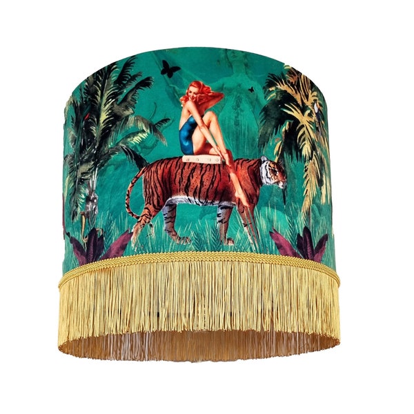 Fringed Jungle Lampshade, Tiger home decor, tassel lighting, green velvet lampshades, unique lampshades, gold fringe light