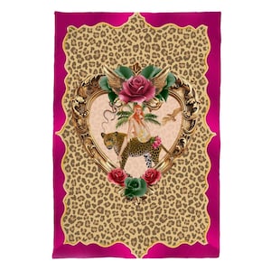 May include: A decorative throw blanket with a leopard print background and a hot pink border. The center features a gold heart-shaped frame with a woman riding a leopard, surrounded by roses and wings.