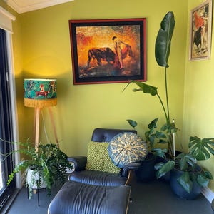 Jungle Green Fringe Lamp shade Tiger home decor, tassel lighting, velvet lampshades, unique lampshades, gold fringed light shade image 11