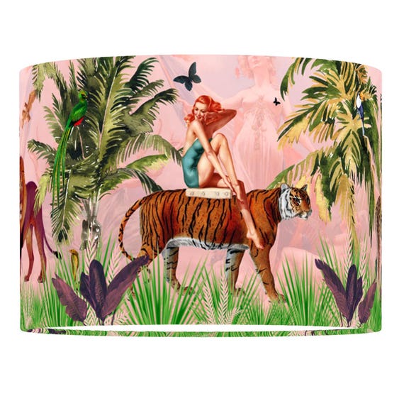 Pink Jungle Lampshade, velvet lampshades, handmade lampshade, vintage table lamp, tiger decor, ceiling pendant, pink lighting