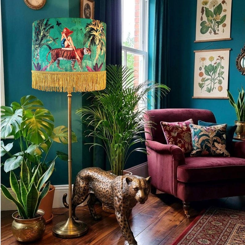 Jungle Green Fringe Lamp shade Tiger home decor, tassel lighting, velvet lampshades, unique lampshades, gold fringed light shade image 4