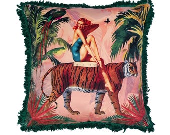 Pink Jungle Cushions, vintage decore, tiger throwpillows, vintage girl decore, velvet cushions, fringed throwpillows, eclectic homewares