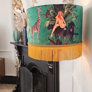Jungle Green Fringe Lamp shade Tiger home decor, tassel lighting, velvet lampshades, unique lampshades, gold fringed light shade image 7