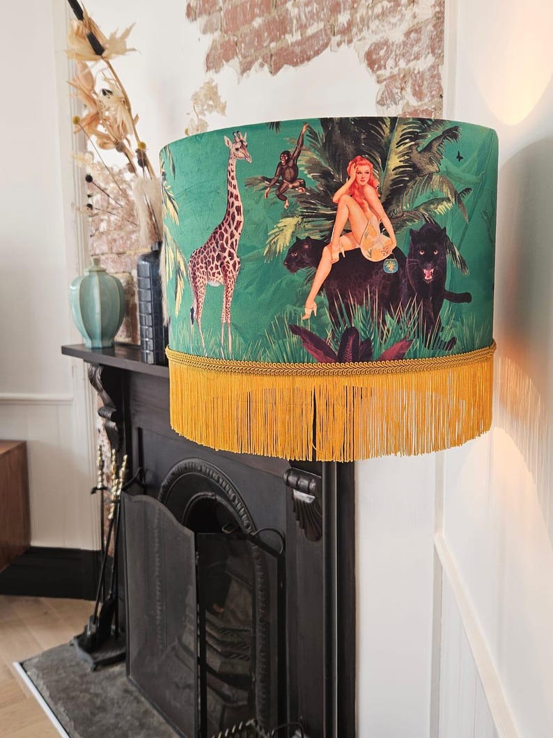 Jungle Green Fringe Lamp shade Tiger home decor, tassel lighting, velvet lampshades, unique lampshades, gold fringed light shade image 7