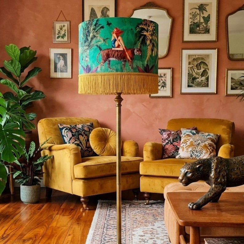 Jungle Green Fringe Lamp shade Tiger home decor, tassel lighting, velvet lampshades, unique lampshades, gold fringed light shade image 2