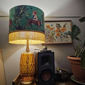 Jungle Green Fringe Lamp shade Tiger home decor, tassel lighting, velvet lampshades, unique lampshades, gold fringed light shade image 5