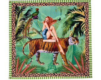 Juego de 4 servilletas verdes Jungle Walk, mantelería con estampado de tigre, servilletas reutilizables de algodón y lino.