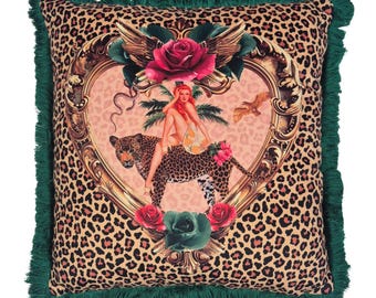 Jungle pillow, vintage decore, tiger throw pillows, vintage girl decor, velvet cushions, fringed throwpillows, eclectic, home decor