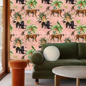 Jungle Walk Pink Vintage Wallpaper
