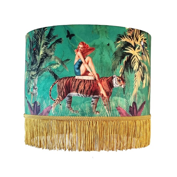 Jungle Green Fringe Lamp shade Tiger home decor, tassel lighting,  velvet lampshades, unique lampshades, gold fringed light shade