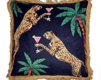 Leopards Velvet Cushion Black, whimsical decor, leopard throw pillows, cheetah decor, handcrafted cushions, square pillows, fringe  cushion