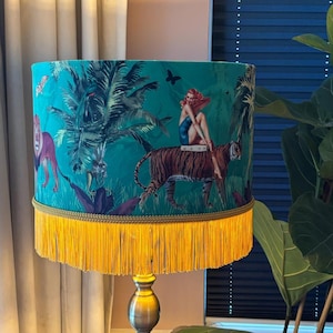 Jungle Green Fringe Lamp shade Tiger home decor, tassel lighting, velvet lampshades, unique lampshades, gold fringed light shade image 15
