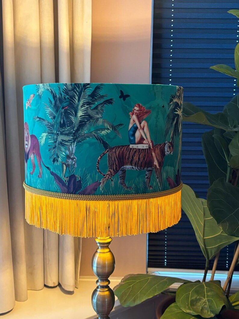 Jungle Green Fringe Lamp shade Tiger home decor, tassel lighting, velvet lampshades, unique lampshades, gold fringed light shade image 15