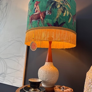 Jungle Green Fringe Lamp shade Tiger home decor, tassel lighting, velvet lampshades, unique lampshades, gold fringed light shade image 16
