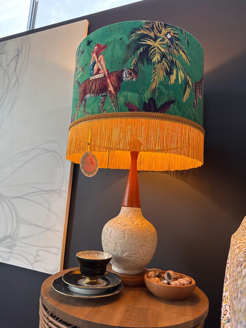 Jungle Green Fringe Lamp shade Tiger home decor, tassel lighting, velvet lampshades, unique lampshades, gold fringed light shade image 16