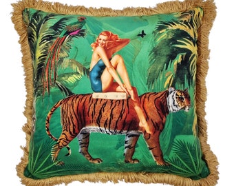 Jungle cushion, vintage decore, tiger throw pillows, vintage girl decor, velvet cushions, fringed throwpillows, eclectic, home decor