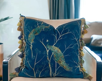 Peacock Velvet Pillow Cover with Satin Lining, Blue, Gold, Gray, Green high end peacock pillow cover, luxury pillow cover, decorative throw